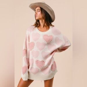 Bibi Heart Sweater Top With Pearl Detail, new with tags, fits oversized, soft